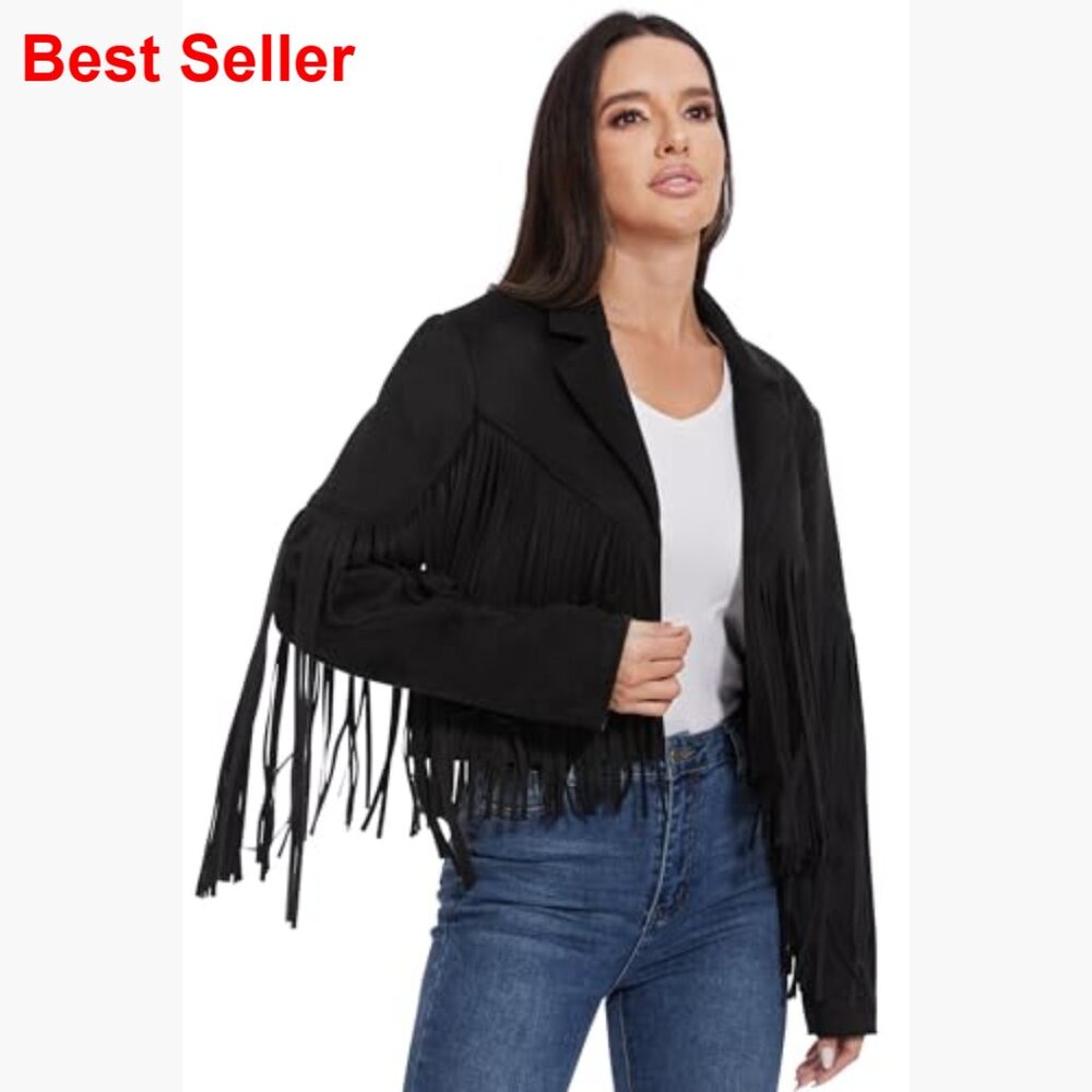 Fringe Faux Suede Cropped Jacket Western Cowgirl Coat - Picture 4 of 7